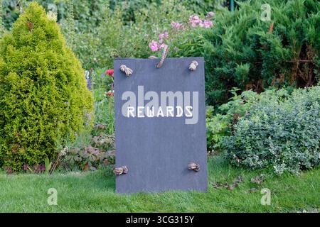 Business et concept de risque ou de récompense. Copier l'espace. RÉCOMPENSES écrites sur le signe Slate. Banque D'Images