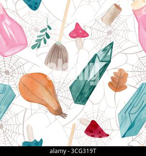Aquarelle sans couture motif Halloween avec cristal, balai, champignon, citrouilles, bougies et toiles d'araignée. Idéal pour les textiles saisonniers, fournitures de fête, an Banque D'Images
