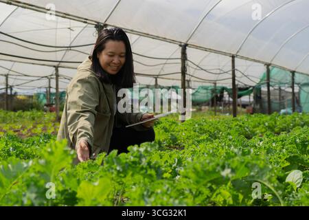 Femme asiatique prenant soin de la parcelle de légumes avec bonheur en serre et en utilisant la technologie. Banque D'Images