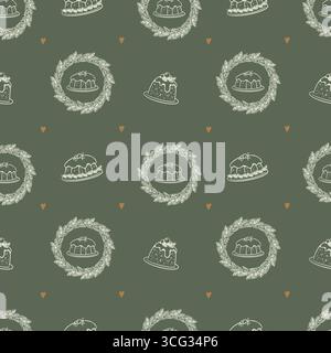 Gâteaux de Noël, couronnes de sapin et coeurs modèle sans couture sur fond vert. Jeu de couleurs vert, or et beige. Cuisson de Noël. Fond vintage. Motif rétro sans couture. Illustration vectorielle. Illustration de Vecteur