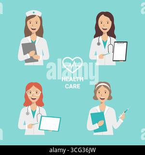 Groupe de femmes médecins et infirmières sur un fond bleu avec logo, illustration plate. Ensemble d'icônes d'avatars médecins. Concept de soins de santé. Personnel médical Illustration de Vecteur