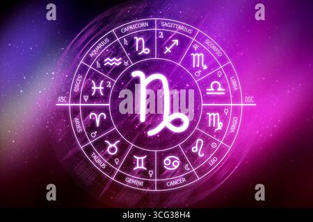 Signe du zodiaque du Capricorne. Icône Capricorne sur fond d'espace bleu. Cercle zodiaque sur un fond bleu foncé de l'espace. Astrologie. Cosmogramme. douze sig Banque D'Images
