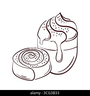 Illustration d'art au trait d'un rouleau de cannelle avec une tasse de café avec garniture de crème fouettée. Illustration de Vecteur