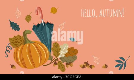 Bannière d'automne avec citrouille, parapluie et feuilles Illustration de Vecteur
