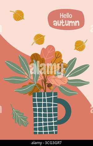 Affiche d'automne dessinée à la main avec des feuilles dans la tasse Illustration de Vecteur