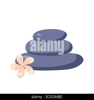 Pierres de massage dans un salon de spa avec des fleurs de plumeria isolées sur fond blanc. Galets, illustration vectorielle plate de thérapie de beauté du corps. Illustration de Vecteur