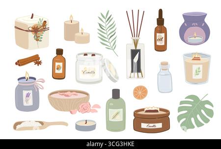 Collection d'accessoires d'aromathérapie et de spa isolés sur fond blanc. Bougies parfumées, diffuseur d'arôme avec bâtons, lampe, huile essentielle, Sea sal Illustration de Vecteur