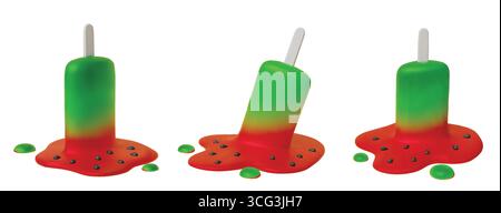 Définir illustration vectorielle réaliste d'un popsicle de pastèque fondant avec des graines sur un fond bleu clair. Illustration de Vecteur