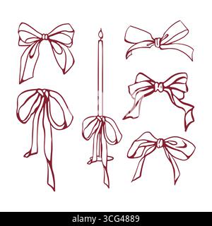 Ensemble de noeuds rouges et bougie dans le style vintage. Dessiner les arcs et la bougie dans le candélabre. Design élégant d'éléments rouges. Rubans et arcs fantaisistes. Set pour Noël, mariage, anniversaire. Illustration vectorielle dans un style rétro. Illustration de Vecteur