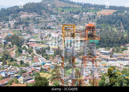 Paysage urbain de la ville d'Ooty avec Eagle Dares Adventure Park, Inde, Village Udagamandalam entouré de collines de Nilgiri et plantations de thé, Tamil Nadu, Marc Banque D'Images