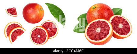 Oranges rouges de sang isolées sur fond blanc. Vue de dessus. Pose à plat Banque D'Images