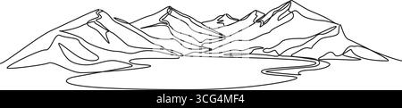 dessin en ligne simple continu de paysage de montagne avec lac au premier plan, illustration vectorielle d'art au trait Illustration de Vecteur