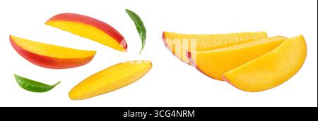 tranches de mangue isolées sur fond blanc avec pleine profondeur de champ. Vue de dessus. Pose à plat Banque D'Images