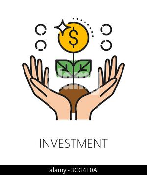 Croissance de l'investissement, icône ou symbole de ligne de couleur d'entreprise. Symbole vectoriel de démarrage de capital d'entreprise, signe commercial et financier. Icône de société de fonds d'investissement avec plante d'argent grandissant dans des mains humaines Illustration de Vecteur