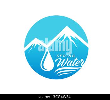 Eau de source de montagne, icône de boisson naturelle. Emblème de vecteur de société de boisson naturelle pure, étiquette ou symbole de bouteille d'eau minérale. Icône bleu aqua printanier avec des montagnes couvertes de neige, de chute et de typographie Illustration de Vecteur