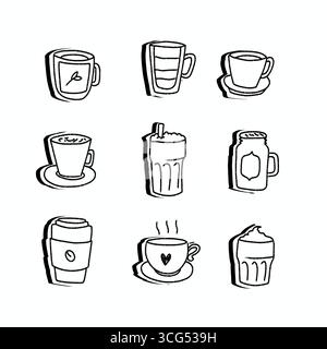 ensemble d'illustrations fantaisistes éléments de café dessinés à la main, y compris latte, espresso, cappuccino, tasses et tasses Banque D'Images