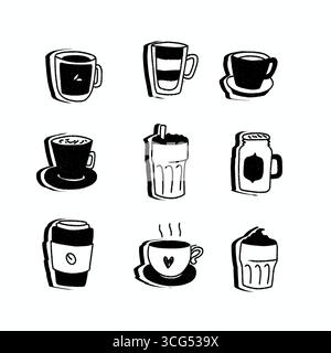 ensemble d'illustrations fantaisistes éléments de café dessinés à la main, y compris latte, espresso, cappuccino, tasses et tasses Banque D'Images