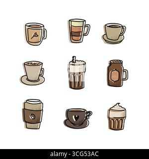 illustration set éléments de café, y compris latte, espresso, cappuccino, tasses et tasses Banque D'Images