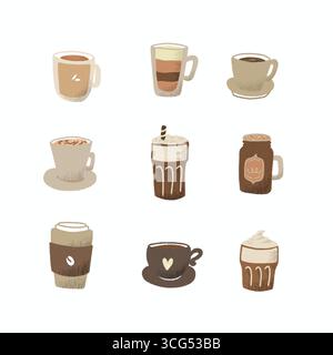illustration set éléments de café, y compris latte, espresso, cappuccino, tasses et tasses Banque D'Images