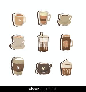 illustration set éléments de café, y compris latte, espresso, cappuccino, tasses et tasses Banque D'Images