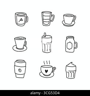 ensemble d'illustrations fantaisistes éléments de café dessinés à la main, y compris latte, espresso, cappuccino, tasses et tasses Banque D'Images