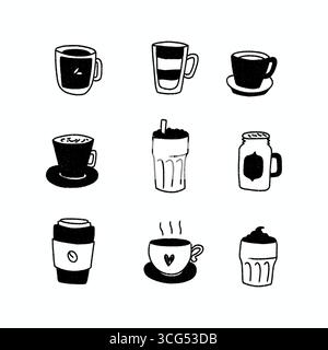 ensemble d'illustrations fantaisistes éléments de café dessinés à la main, y compris latte, espresso, cappuccino, tasses et tasses Banque D'Images
