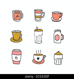 ensemble d'illustrations colorées à la main éléments de café, y compris latte, espresso, cappuccino, tasses et tasses Banque D'Images