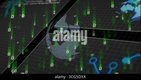 Globe planant au-dessus de la grille dans le cyberréseau, avec des chiffres binaires verts, des lignes bleues et des fragments de carte Banque D'Images