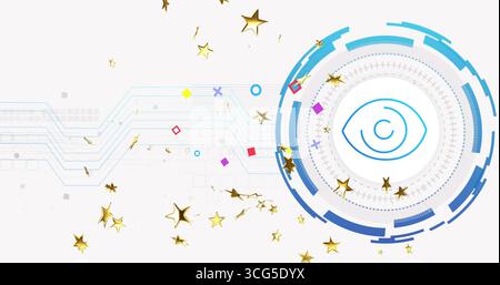 Affichage de l'interface tenant l'icône de l'œil bleu sur la toile de droite, avec des étoiles dorées, des lignes de circuit, l'espace de copie Banque D'Images