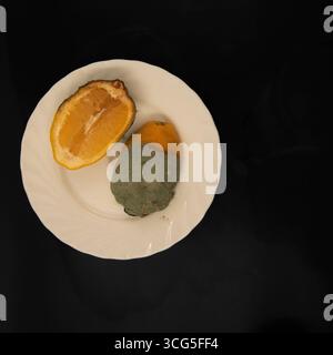 Gros plan de citron coupé avec moisissure verte sur le concept de plaque blanche de déchets alimentaires d'agrumes gâtés et d'aliments malsains Banque D'Images