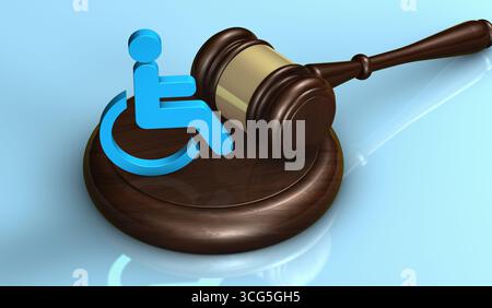 Loi sur le handicap, services de justice sociale et actes juridiques pour les personnes handicapées concept avec un marteau de juge et une icône de fauteuil roulant illustration 3D. Banque D'Images