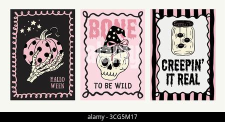 Rétro rose Halloween Poster Flyer Set Whimsical Doodle Coquette Cute Card Vector with Skull Spider Pumpkin Jar Collection Illustration de Vecteur