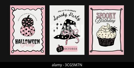 Rétro rose Halloween Poster Flyer Set Whimsical Doodle Coquette Cute Card Vector with Witch Hat Cupcake Pumpkin Party Collection Illustration de Vecteur