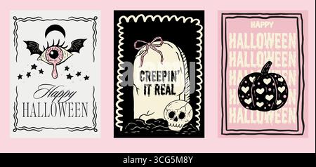 Rétro rose Halloween Poster Flyer Set Whimsical Doodle Coquette Cute Card Vector with Monster Eye Eyeball grave Pumpkin Skull Collection Illustration de Vecteur