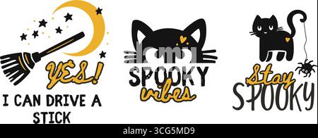 Halloween Party Witch Broom Black Cat Whimsical Kids Print bannière texte Happy Halloween Vector T-shirt Poster Set Illustration de Vecteur