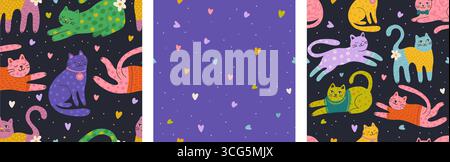 Ensemble de motif sans couture de vecteur Doodle Cute Cat Whimsical avec fond coloré pour enfants d'amour de Valentines Illustration de Vecteur