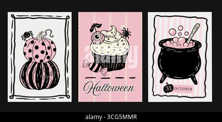 Rétro rose Halloween Poster Flyer Set Whimsical Doodle Coquette Cute Card Vector avec Cupcake Cauldron Pumpkin Collection Illustration de Vecteur