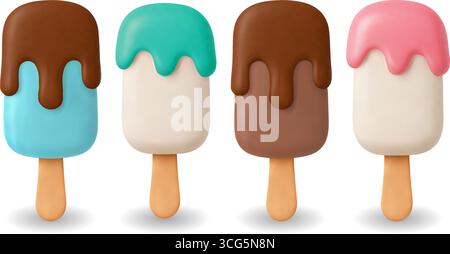 3D Ice Cream Popsicles Flat Summer Icon Realistic Vector Set Frozen dessert Cream Nopping Sweets Illustration de Vecteur