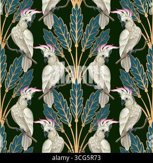 Un motif artdeco vectoriel sans couture avec des perroquets blancs élégants et un feuillage stylisé doré Illustration de Vecteur