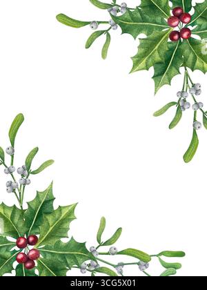 Ensemble d'illustrations de gui à l'aquarelle et de baies de houx. Collection de branches d'arbre de Noël, de feuilles et de baies pour la carte de voeux du nouvel an Banque D'Images