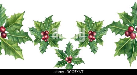 Ensemble d'illustrations de gui à l'aquarelle et de baies de houx. Collection de branches d'arbre de Noël, de feuilles et de baies pour la carte de voeux du nouvel an Banque D'Images