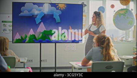 Élèves de l'école élémentaire étudiant l'information de base sur les facteurs météorologiques dans la salle de classe moderne. Enseignante expliquant les cycles de l'eau aux Smart Kids pendant la leçon de géographie à l'aide de l'écran numérique. Banque D'Images