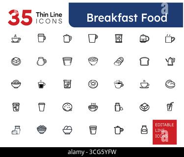 Petit déjeuner et nourriture du matin Thin Line Icons Set – 35 symboles vectoriels modifiables d'œufs, café, pain grillé, céréales Illustration de Vecteur
