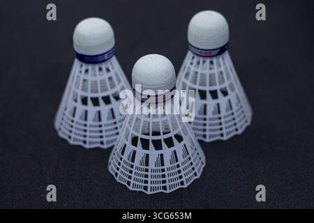 Gros plan d'un oiseau de badminton blanc classique (volant) montrant des plumes détaillées et une base de liège. Équipement sportif traditionnel pour intérieur. Banque D'Images