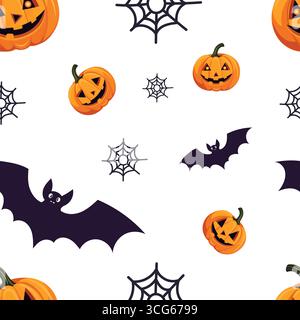 Modèle sans couture d'Halloween avec citrouilles, chauves-souris et toiles d'araignée. Fond effrayant festif dans un style enfantin. Illustrations vectorielles. Parfait pour le design de vacances. Illustration de Vecteur