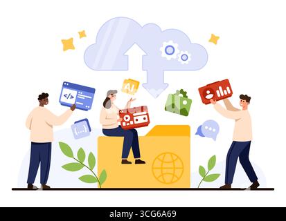 Les personnes collaborant pour télécharger des fichiers, du code, des analyses et des médias vers le stockage dans le cloud pour le travail d'équipe, le flux de travail numérique et la gestion des données en ligne isolés sur une illustration vectorielle de fond blanc Illustration de Vecteur