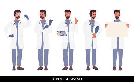 Professionnel de la santé dans diverses poses, y compris la tenue d'un presse-papiers, le port de gants et la présentation d'un signe vierge, idéal pour les soins de santé, l'éducation et les utilisations de présentation isolées sur l'illustration vectorielle de fond blanc Illustration de Vecteur