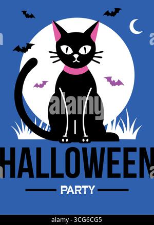 Voici un design d'invitation pour une fête de chat d'Halloween avec des éléments ludiques et festifs Illustration de Vecteur