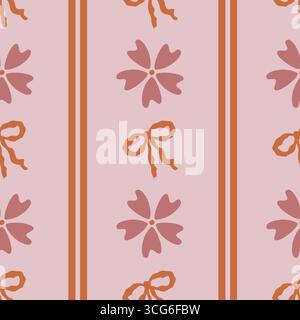 Modèle vectoriel sans couture avec des fleurs et des noeuds stylisés en rose poussiéreuse et en terre cuite, parfait pour la conception textile ou le papier d'emballage. Illustration de Vecteur