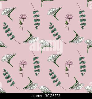 Élégant motif vectoriel sans couture avec des fleurs de freesia délicates, des branches d'eucalyptus et des fleurs roses subtiles, créant un design doux et romantique Illustration de Vecteur